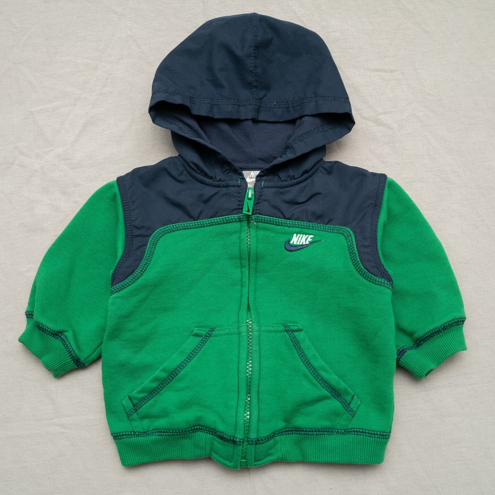 Vintage‎ Y2k Nike Gray Tag Baby Hoodie Green Embroidered Overlock Stitch 12Mo